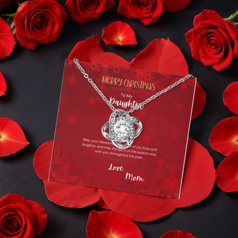 Christmas Message Card Necklace, Daughter Love Knot Necklace, CZ Crystal Pendant Necklace, Holiday Present from Mom, Daughter Xmas Jewelry