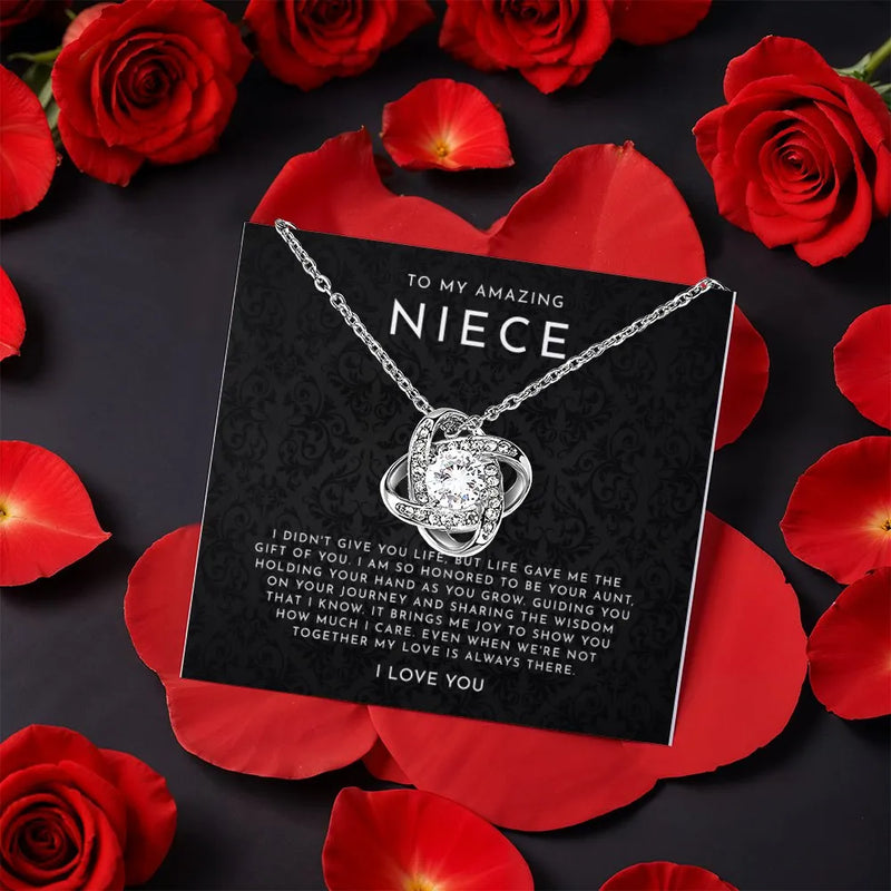Cubic Zirconia Knot Pendant, Niece Love Knot Necklace, Gold Finish Love Knot Jewelry, Rotating Rose Box, Birthday Christmas Present for Her