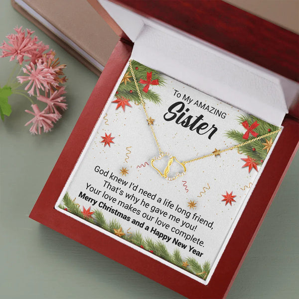 10K Solid Gold Diamond Heart Pendant, Interlocking Heart Necklace for Sister, Sister Jewelry in LED Box, Christmas Birthday P