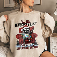Humorous Naughty List Raccoon Pullover, Raccoon Christmas Sweatshirt, Adorable Trash Panda Crewneck, Retro Holiday Animal Present Raccoon Sweatshirt