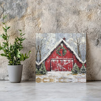 Snowy Farmhouse Winter Canvas Wall Art, Red Barn Christmas Square Canvas, Holiday Farm Landscape Canvas Print, Rustic Xmas Decor