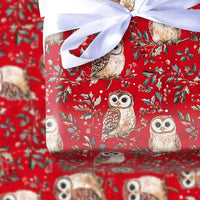 Holly Berry Christmas Gift Wrap, Winter Owl Wrapping Paper, Watercolor Woodland Bird Present Paper, Red Botanical Holiday Wrapping Paper