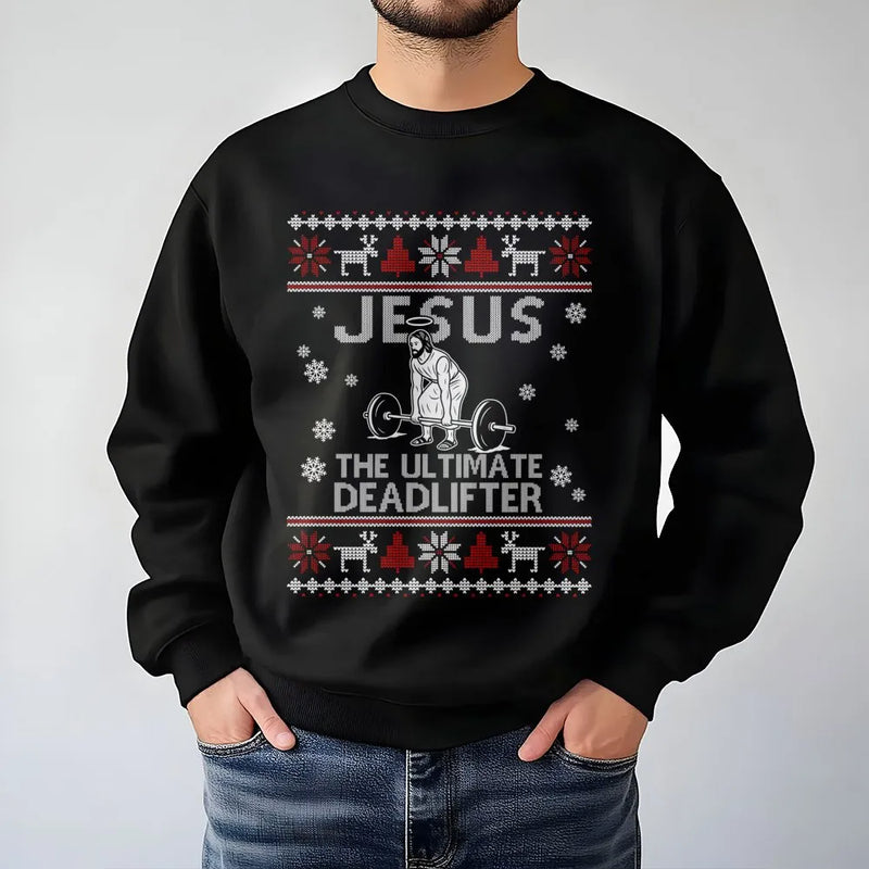 Humorous Gym Xmas Sweatshirt, Jesus Deadlifter Ugly Christmas Sweatshirt, Christian Weightlifting Holiday Sweatshirt, Fitness Lover Sweater