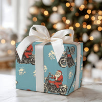 Vintage Motorcycle Gift Wrap, Light Blue Biker Santa Wrapping Paper, Blue Motorcycle Christmas Wrapping Paper, Biker Holiday Gift Wrap
