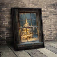 Snowy Rustic Window with Icicles Canvas Print, Christmas Tree Wall Art, Comfy Winter Cabin Holiday Decor, Festive Christmas Present