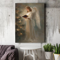 Holiday Angel Canvas Print, Angel Reading Christmas Tree Canvas Art, Vintage Christmas Angel Wall Art, Festive Winter Canvas Decor Present