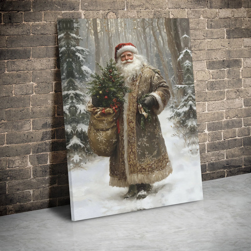 Snowy Forest Christmas Canvas Art, Vintage Santa Claus Canvas Print, Retro Santa Claus Wall Art, Winter Holiday Santa Decor, Christmas Present