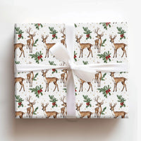 Watercolor Deer Holly Berry Gift Wrap, Woodland Reindeer Wrapping Paper, Rustic Winter Holiday Paper, Christmas Gift Wrapping Roll