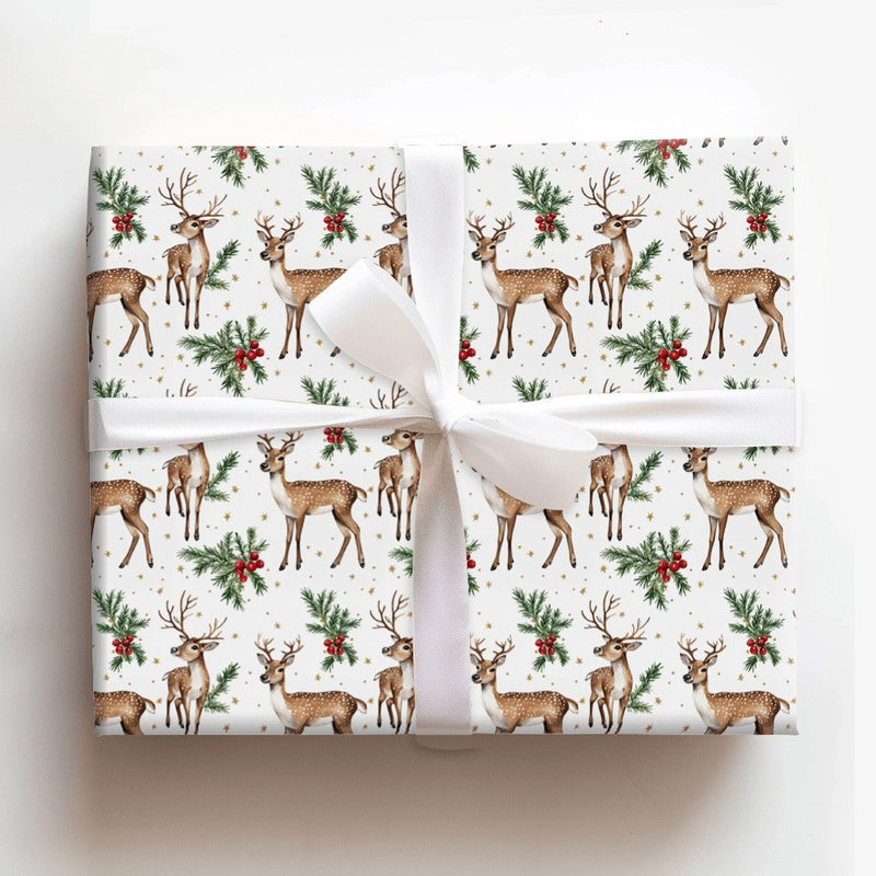 Watercolor Deer Holly Berry Gift Wrap, Woodland Reindeer Wrapping Paper, Rustic Winter Holiday Paper, Christmas Gift Wrapping Roll