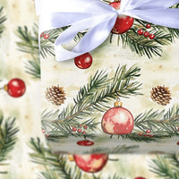 Pine Branch Christmas Gift Wrap, Watercolor Red Ornament Wrapping Paper, Pinecone Berry Wrapping Paper