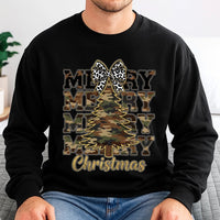 Rustic Leopard Bow Holiday Pullover, Merry Christmas Camo Tree Sweatshirt, Farmhouse Xmas Tree Crewneck, Adorable Winter Season Camo Sweater