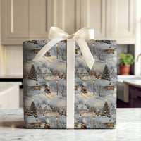 Snowy Village Holiday Gift Wrap, Vintage Steam Train Christmas Wrapping Paper, Nostalgic Xmas Wrapping Paper, Winter Present Gift Wrap Roll