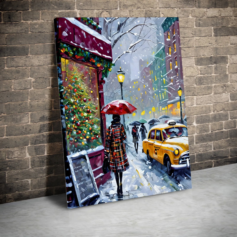 Snowy Cityscape Yellow Taxi Red Umbrella Print, NYC Christmas Canvas Wall Art, Winter New York City Canvas Decor, Holiday Wall Art