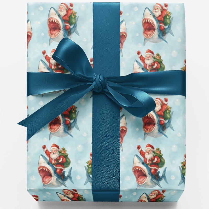 Humorous Holiday Wrapping Paper, Santa Riding a Shark Christmas Wrapping Paper, Ocean Theme Gift Wrapping Paper, Winter Present Decor