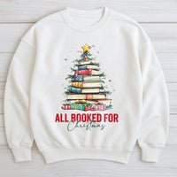 Book Tree Graphic Pullover, All Booked for Christmas Sweatshirt, Bookish Holiday Sweater, Librarian Christmas Crewneck, Book Lover Present