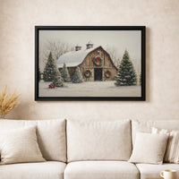 Snowy Winter Farmhouse Canvas, Christmas Barn Canvas Wall Art, Rustic Holiday Evergreen Canvas Print, Country Home Decor, Digital Download