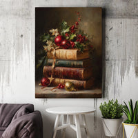 Holly Berries and Books Canvas Art, Vintage Christmas Still Life Canvas Print, Winter Holiday Wall Art, Festive Christmas Canvas Decor Present