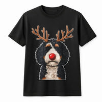 Reindeer Antlers Puppy Dog Graphic Tee, Bernedoodle Christmas T-Shirt, Doodle Pet Holiday Shirt, Adorable Dog Mom Winter Season Graphic Top