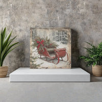 Vintage Winter Snow Landscape Painting, Christmas Sleigh Square Canvas Wall Art, Rustic Farmhouse Holiday Canvas Print, Comfy Xmas Wall Decor