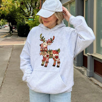 Festive Patchwork Holiday Sweatshirt, Christmas Reindeer Hoodie, Adorable Winter Deer Graphic Hooded Pullover, Comfy Xmas Season Hoodie Present
