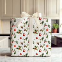 Christmas Ornament Gift Wrap, Watercolor Holly Berry Wrapping Paper, Pinecone Botanical Wrapping Paper