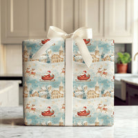 Vintage Snowy Village Gift Wrap, Santa Sleigh Christmas Wrapping Paper, Watercolor Reindeer Holiday Gift Wrapping Paper, Winter Present Wrap