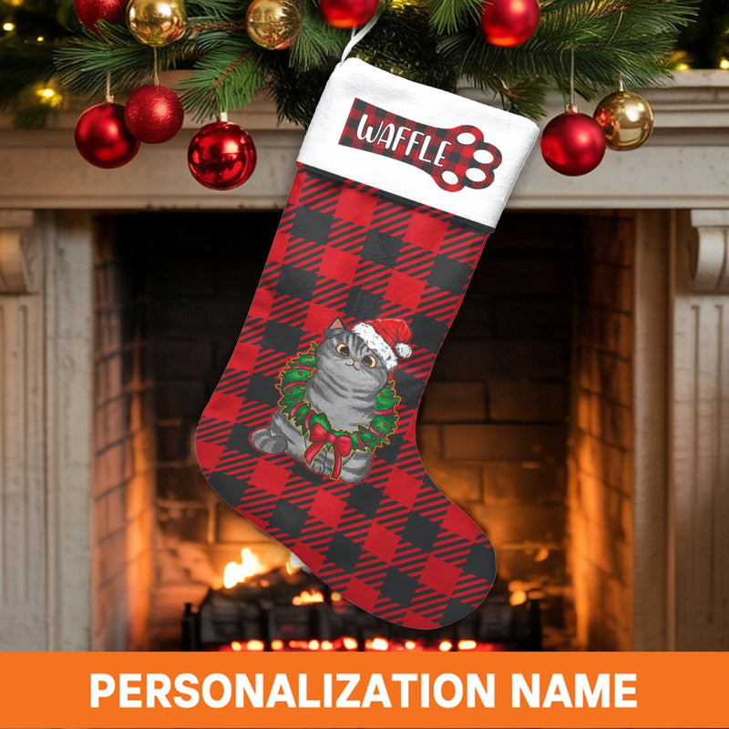 Buffalo Plaid Pet Stocking, Santa Cat Christmas Stocking, Adorable Kitten Holiday Stocking, Custom Cat Lover Stocking, Velboa Mantle Decor