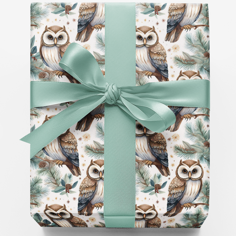 Pine Woodland Holiday Wrapping Paper, Winter Owl Gift Wrap Paper, Festive Forest Bird Gift Wrap, Comfy Christmas Present Wrapping Paper Roll