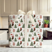 Stocking Candy Cane Gift Wrap, Watercolor Christmas Tree Wrapping Paper, Traditional Holiday Wrapping Paper, Festive Gift Wrap Paper Roll