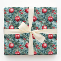 Pine Branch Christmas Gift Wrap, Watercolor Red Ornament Wrapping Paper, Holly Berry Wrapping Paper, Snowy Winter Holiday Wrapping Paper