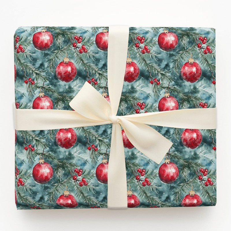 Pine Branch Christmas Gift Wrap, Watercolor Red Ornament Wrapping Paper, Holly Berry Wrapping Paper, Snowy Winter Holiday Wrapping Paper