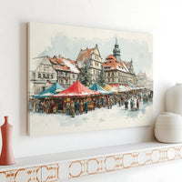 Watercolor Snowy Town Square Print, Christmas Market Canvas Wall Art, European Holiday Canvas Decor, Winter Wall Art