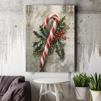 Vintage Holly Berries Holiday Poster, Christmas Candy Cane Canvas Wall Art, Rustic Farmhouse Winter Print, Festive Decor Digital Download