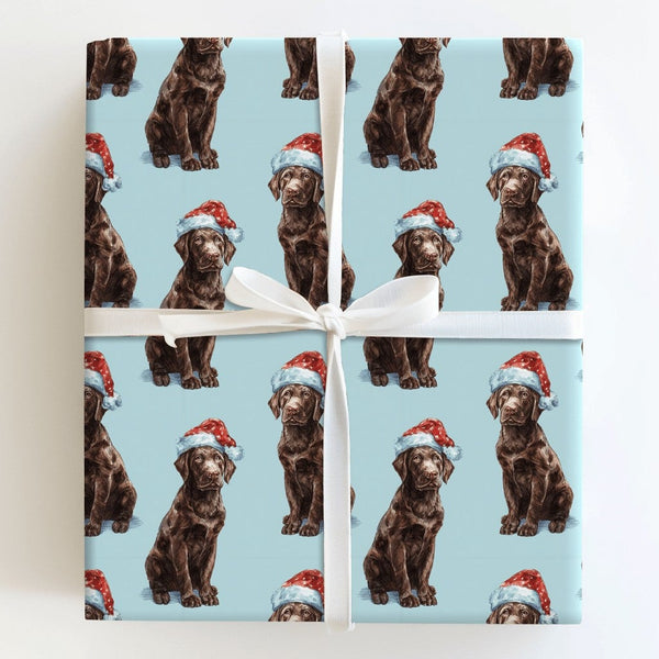Dog Puppy Santa Hat Gift Wrap, Chocolate Labrador Christmas Wrapping Paper, Adorable Pet Holiday Wrapping Paper, Dog Lover Xm