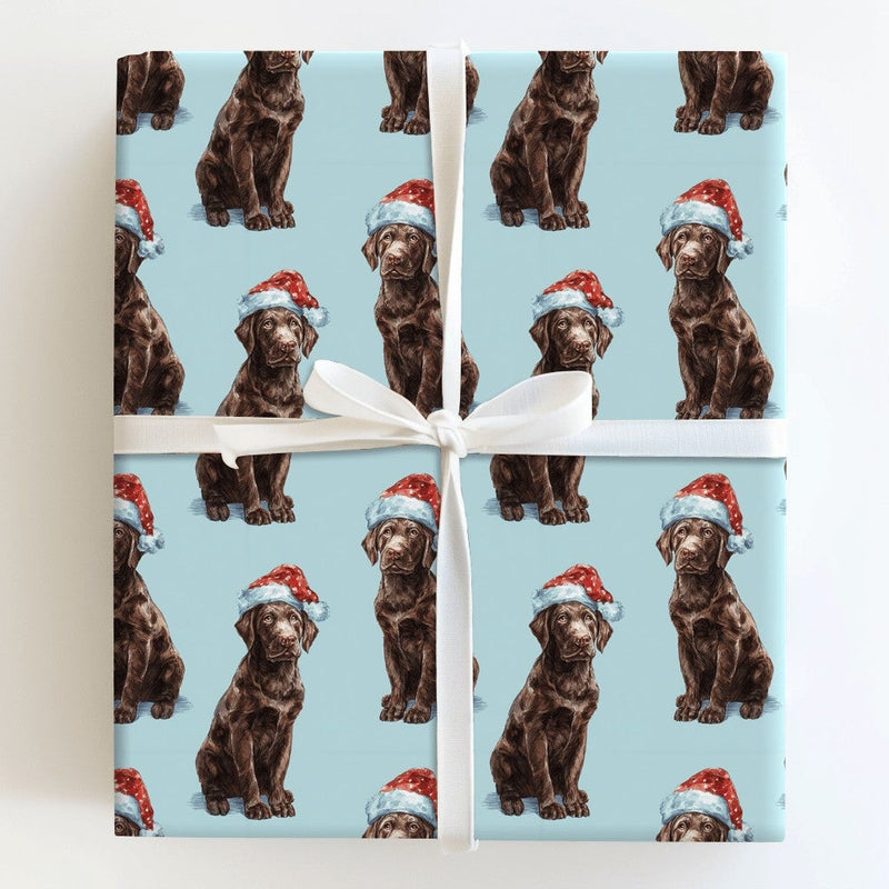 Dog Puppy Santa Hat Gift Wrap, Chocolate Labrador Christmas Wrapping Paper, Adorable Pet Holiday Wrapping Paper, Dog Lover Xmas Present Wrap