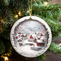 Red House Mountain Landscape Ceramic Ornament, Snowy Winter Village Ornament, Comfy Christmas Tree Scene Ornament, Rustic Holiday Decor