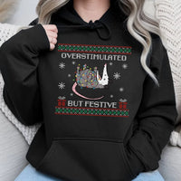 Humorous Christmas Lights Sweatshirt, Overstimulated but Festive Possum Hoodie, Quirky Holiday Pullover, Adorable Possum Winter Graphic Hooded Top