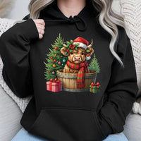 Baby Cow in Barrel Sweatshirt, Christmas Highland Cow Hoodie, Festive Farm Animal Pullover, Holiday Cow Hooded Sweatshirt, Xmas Present