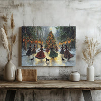 Whimsical Holiday Wall Art, Witches Ice Skating Christmas Tree Canvas, Vintage Winter Witch Canvas Print, Gothic Seasonal Canvas Decor