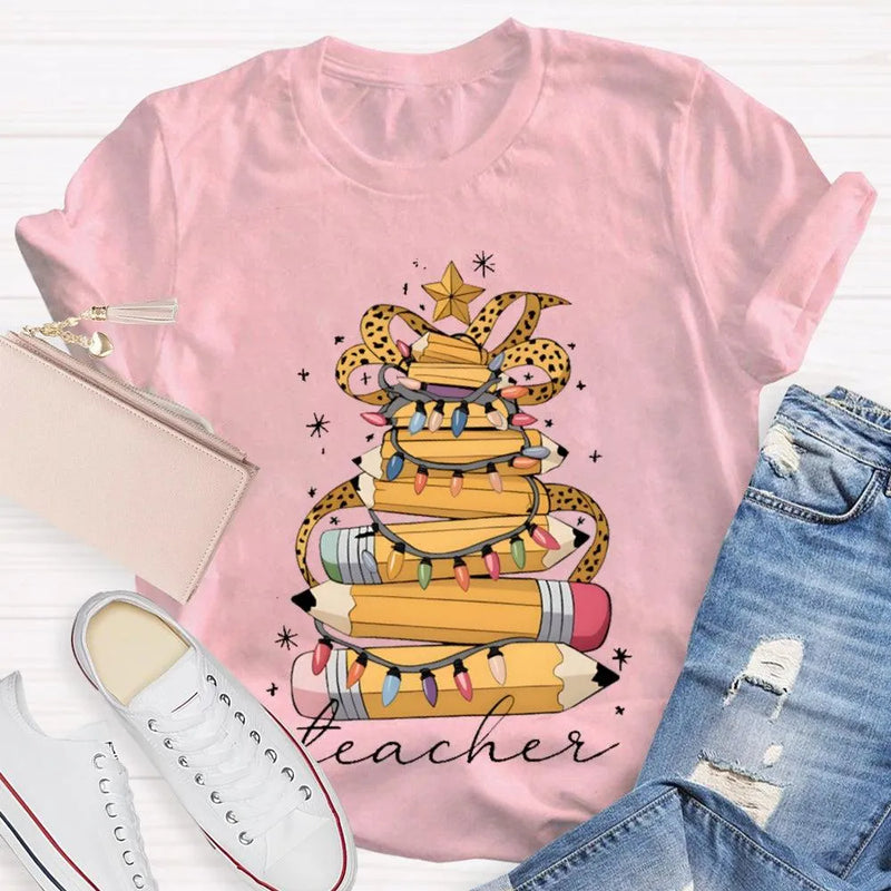 Adorable Holiday Educator Shirt, Christmas Light Pencils Teacher T-Shirt, Festive School Teacher Christmas Tee, Winter Holiday T-Shirt Present