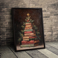 Stacked Books Holiday Poster, Bookish Christmas Tree Canvas Print, Oil Painting Bookworm Wall Art, Printable Digital Download