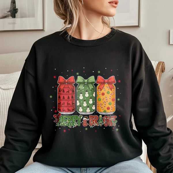 Snowman Reindeer Candy Cane Holiday Sweater, Merry and Bright Christmas Jars Sweatshirt, Festive Xmas Crewneck, Adorable Wint