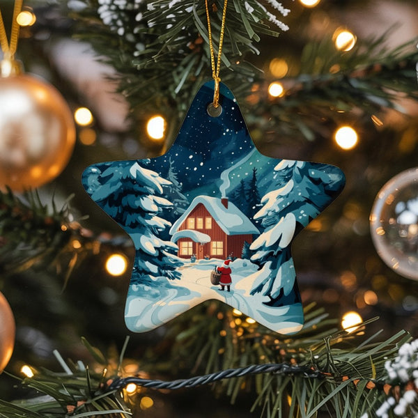 Santa Claus Christmas Ornament, Santa Claus Snowy Cabin Star Ornament, Ceramic Star Keepsake Ornament, Holiday Tree Decor