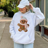 Knitted Yarn Texture Christmas Sweatshirt, Adorable Gingerbread Man Hoodie, Comfy Holiday Cookie Pullover, Retro Winter Xmas Hooded Sweater