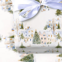 Watercolor Winter Wonderland Gift Wrap, Snowy Village Christmas Wrapping Paper, Holiday Village Wrapping Paper, Festive Gift Wrap Roll