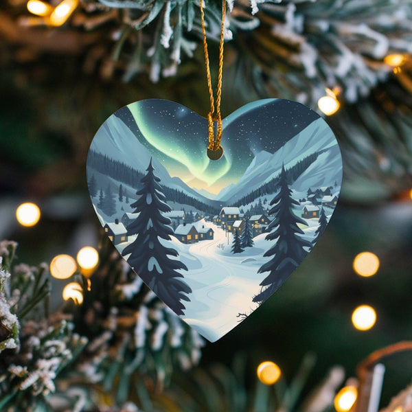 Snowy Winter Village Ceramic Keepsake, Northern Lights Heart Ornament, Aurora Landscape Tree Ornament, Christmas Holiday Orna
