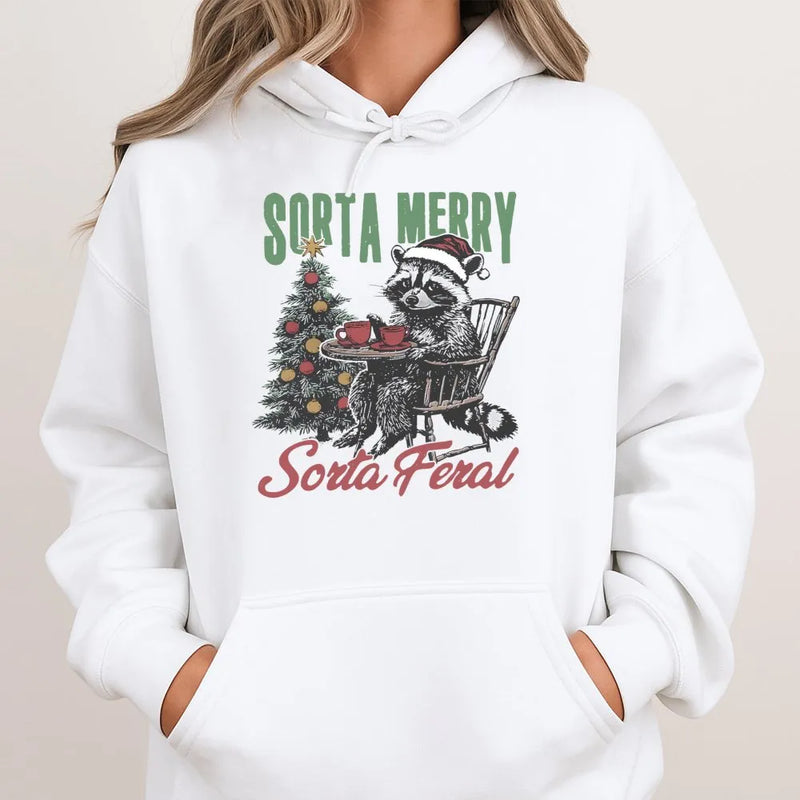 Humorous Christmas Raccoon Hooded Sweatshirt, Sorta Merry Sorta Feral Raccoon Hoodie, Adorable Xmas Animal Pullover, Wildlife Lover Raccoon Hoodie