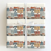 Snowy European Market Gift Wrap, Christmas Village Wrapping Paper, Holiday Town Square Wrapping Paper, Festive Winter Street Gift Wrap