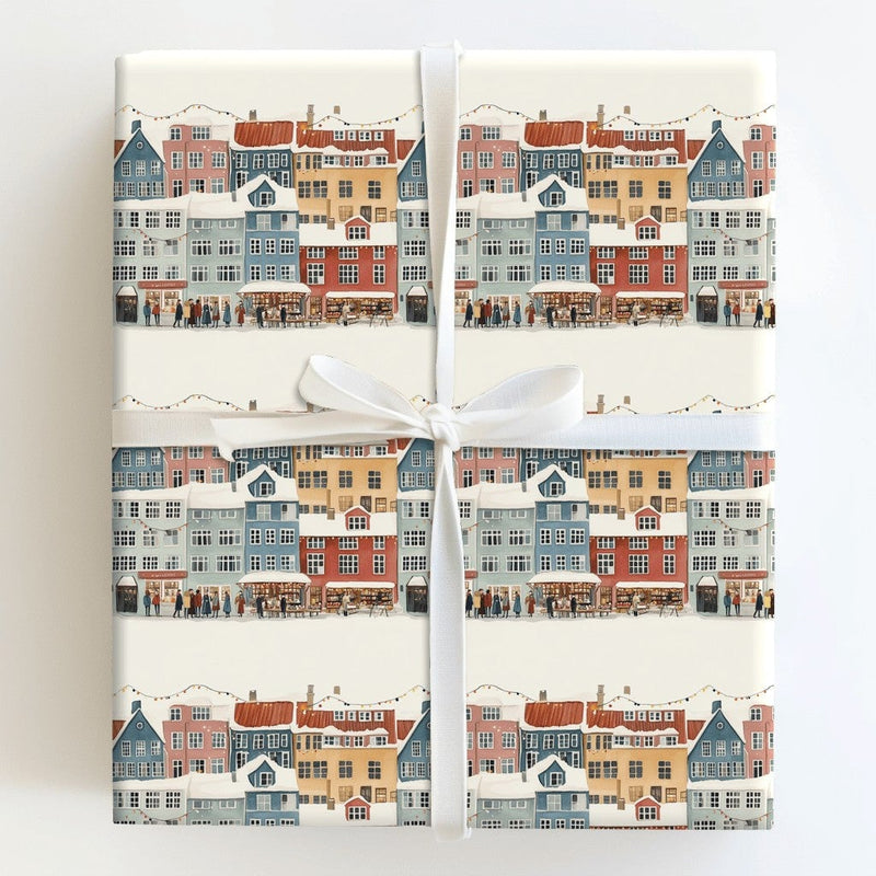 Snowy European Market Gift Wrap, Christmas Village Wrapping Paper, Holiday Town Square Wrapping Paper, Festive Winter Street Gift Wrap