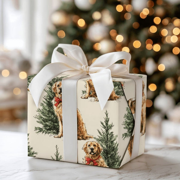 Dog with Red Bow Holiday Gift Wrap, Golden Retriever Christmas Wrapping Paper, Festive Puppy Wrapping Paper, Dog Lover Presen